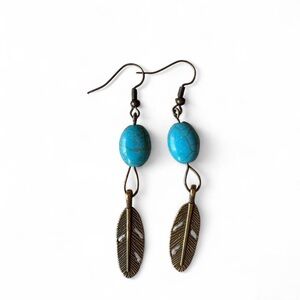 Handmade Bronze Feather & Marbled Turquoise Dangle Earrings